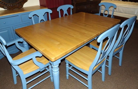 Whitewood all wood Table, 4 sc,2 ac and server blue base and natural top