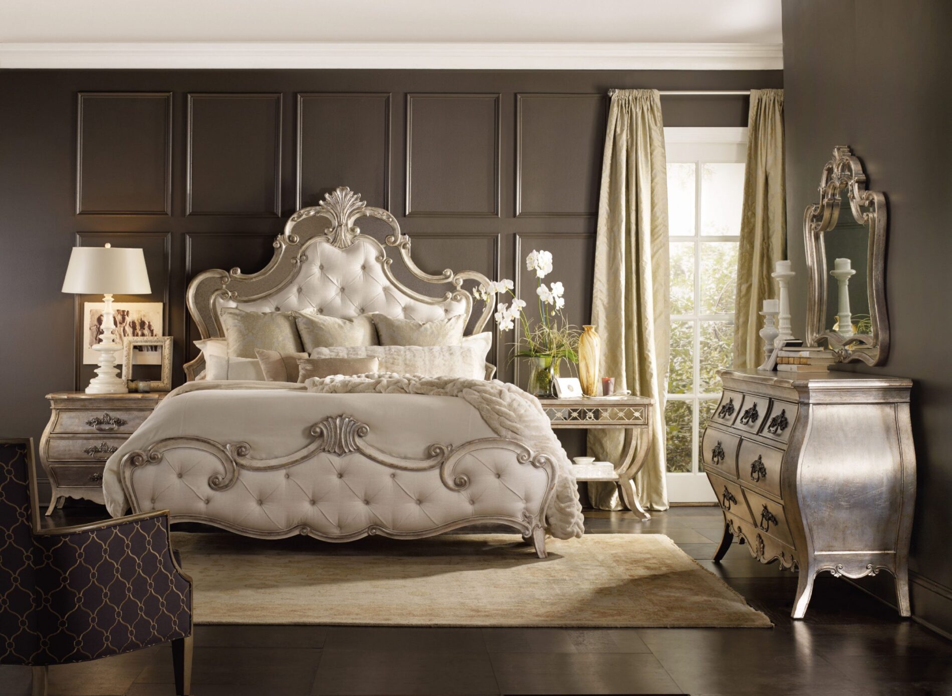 Hooker Furniture Sanctuary Bedroom with Mirrored Upholstered Bed